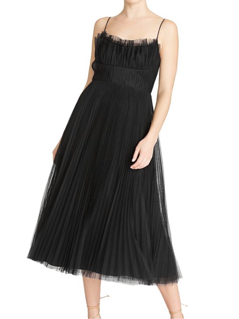 ML Monique Lhuillier Pleated Tulle Midi Dress Black Size 4 NWOT